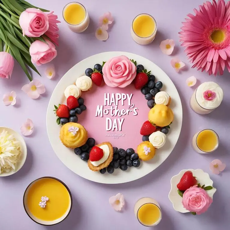 a plate of food with flowers and a cake on it